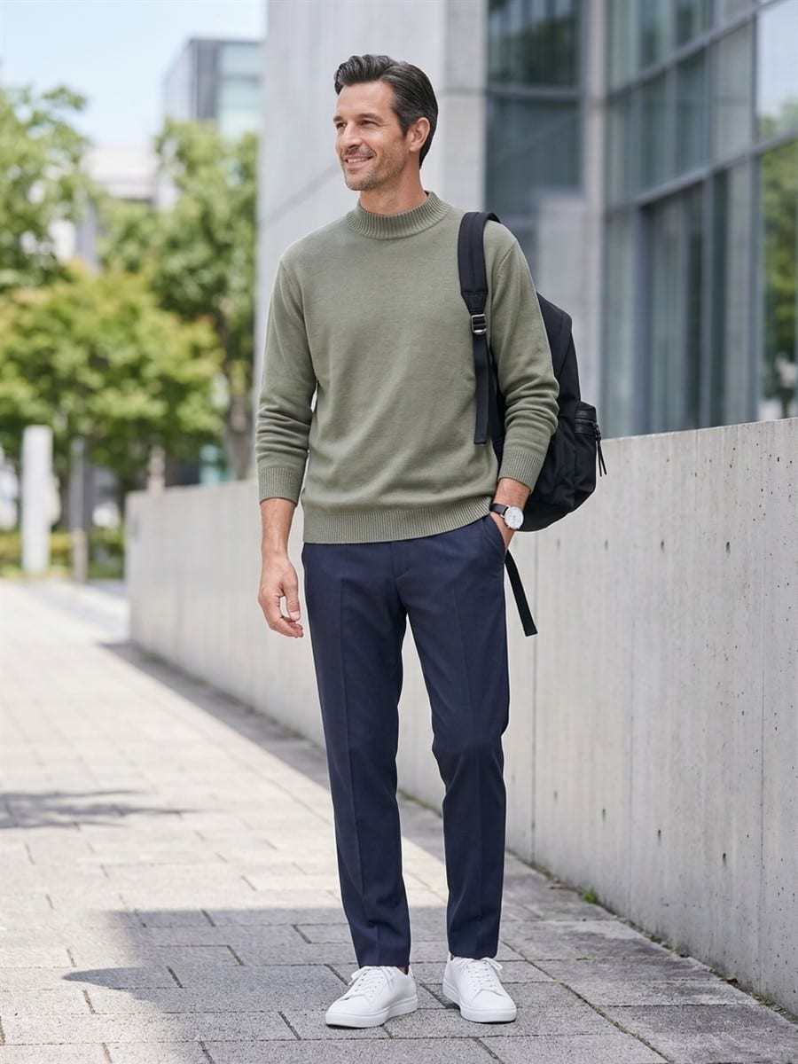 セージグリーンのニットに、ネイビーのパンツ