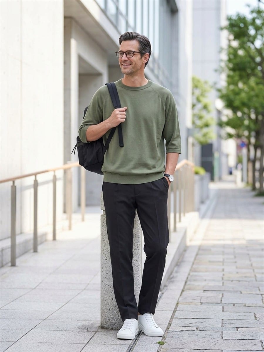 ブラックのパンツと合わせる、アーミーグリーンのニット