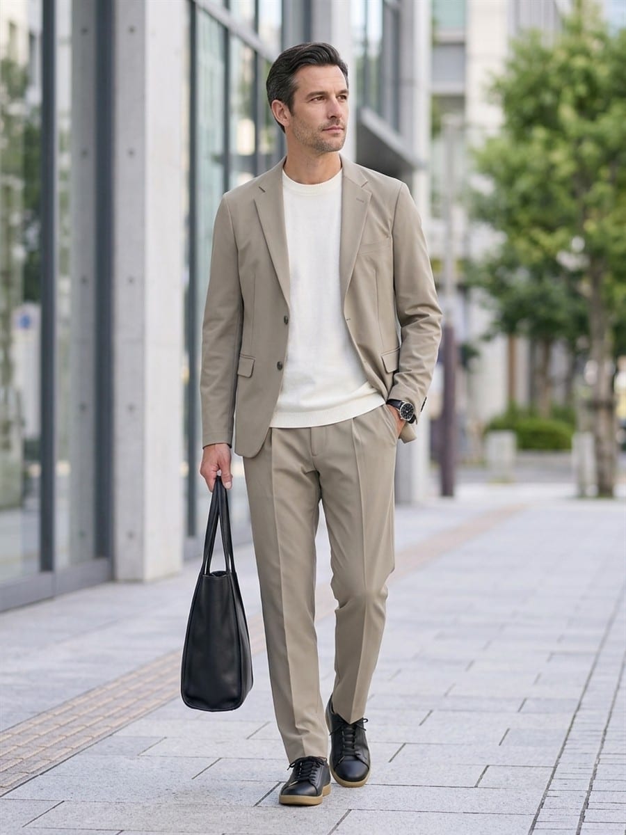 ベージュのパンツと合わせる、アイボリーのニット