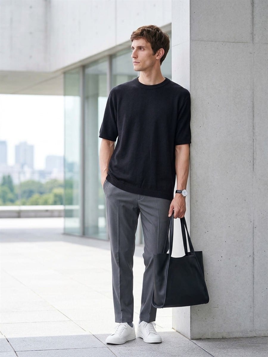 ブラックのニットを軸に、色数を抑えて
