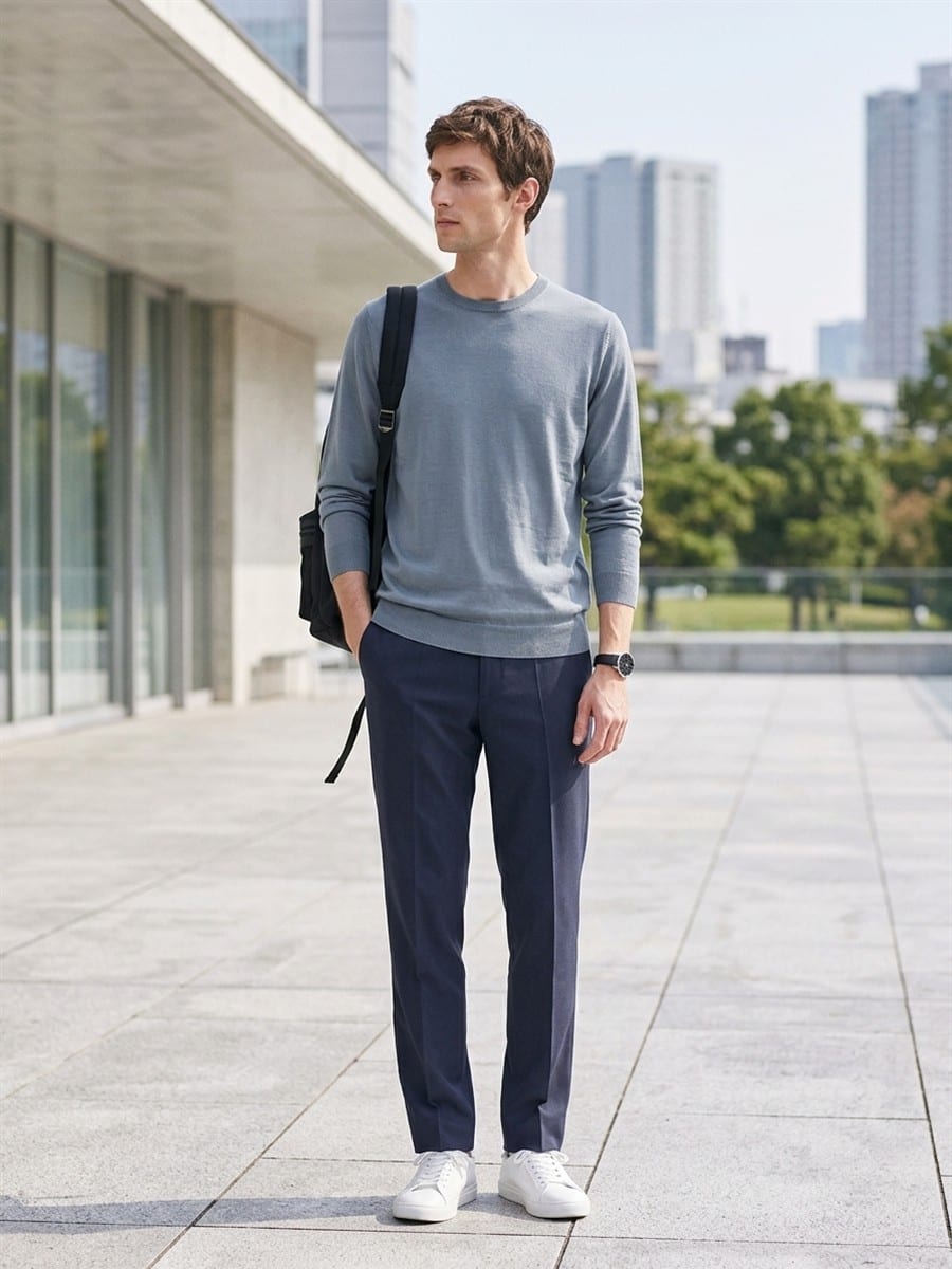 ブルーグレーのニットに、ネイビーのパンツ