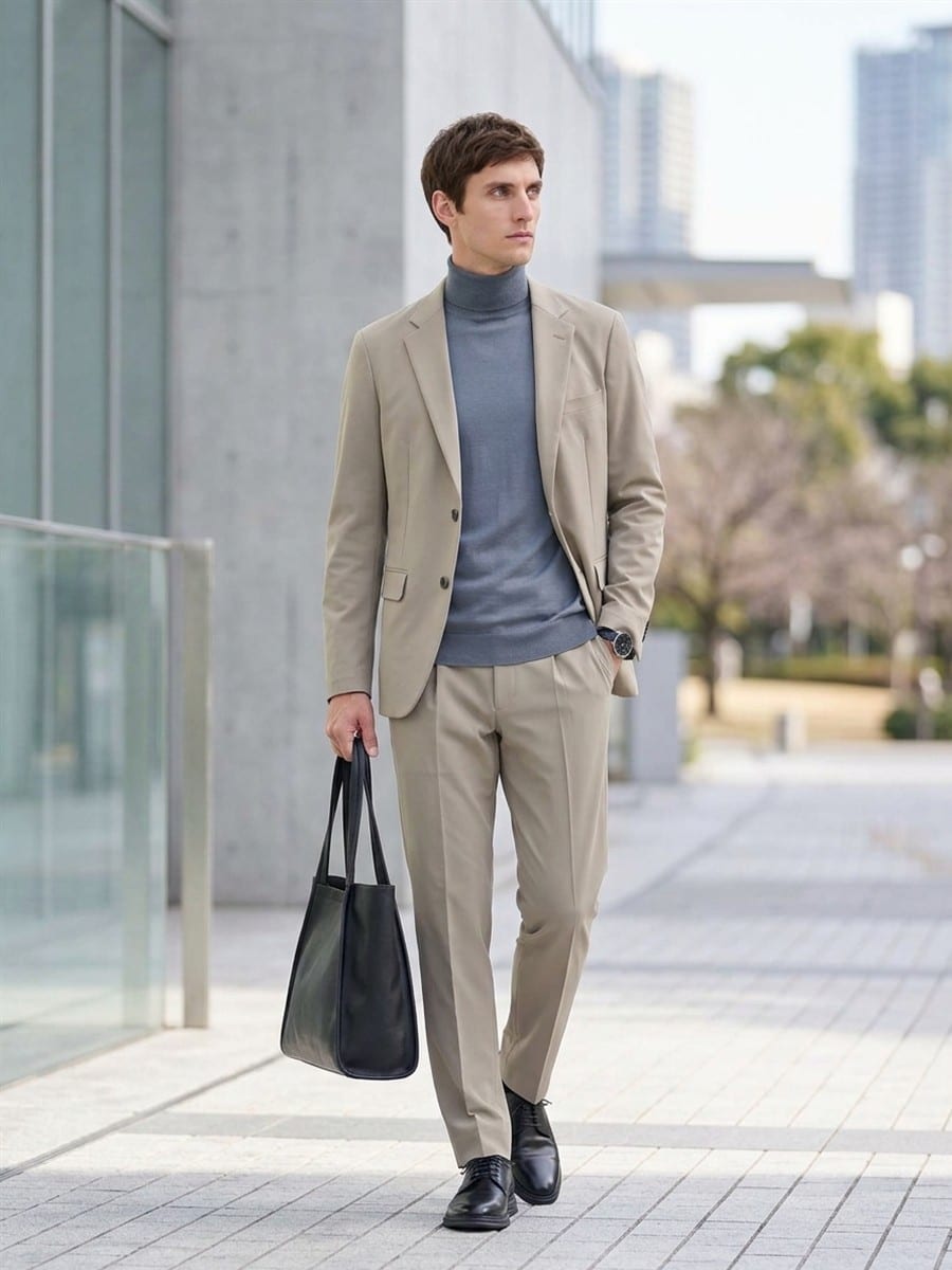 ブルーグレーのニットに、ベージュのパンツ