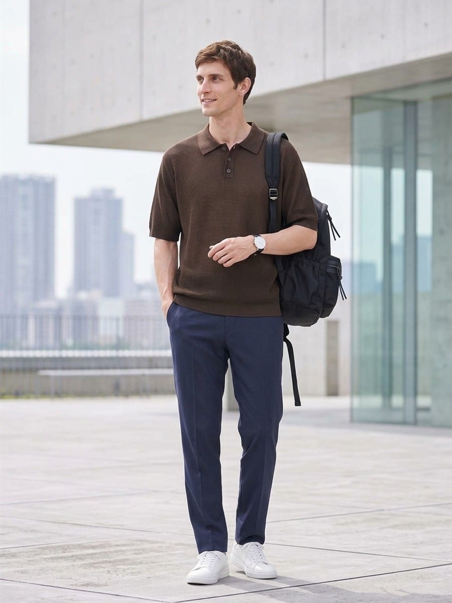 ブラウンのニットに、ネイビーのパンツ