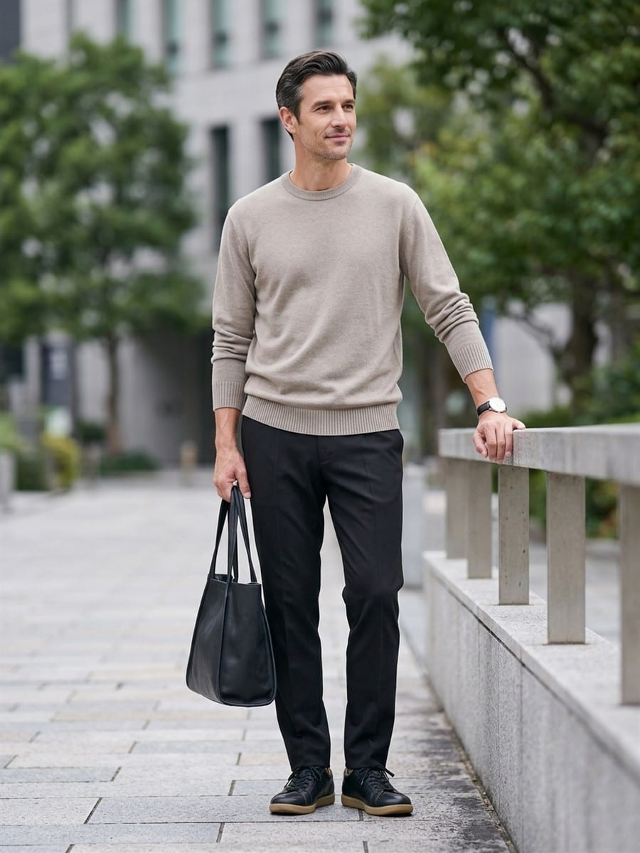 ブラックのパンツと合わせる、グレージュのニット