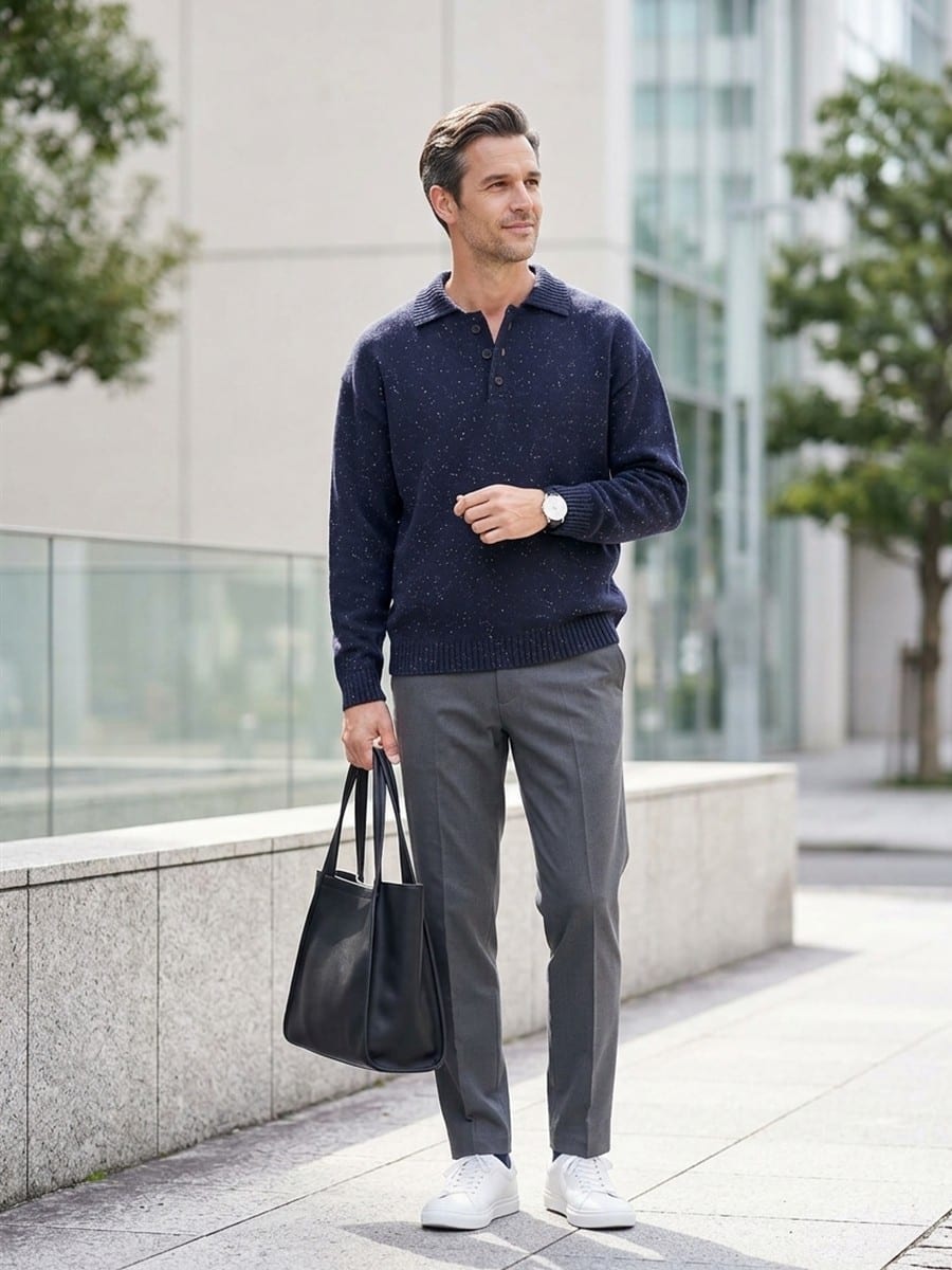 ネイビーのニットに、グレーのパンツ