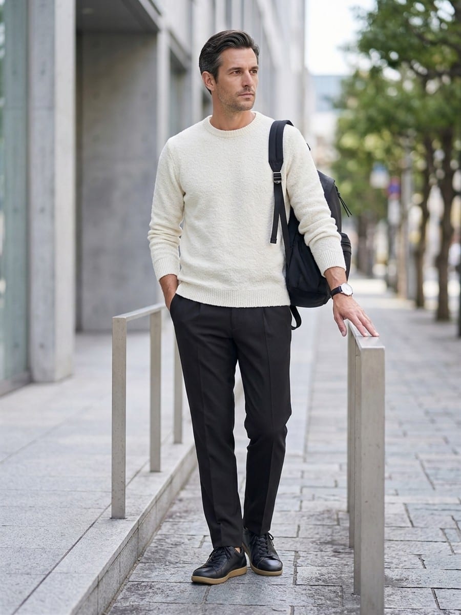 ブラックのパンツと合わせる、オフホワイトのニット