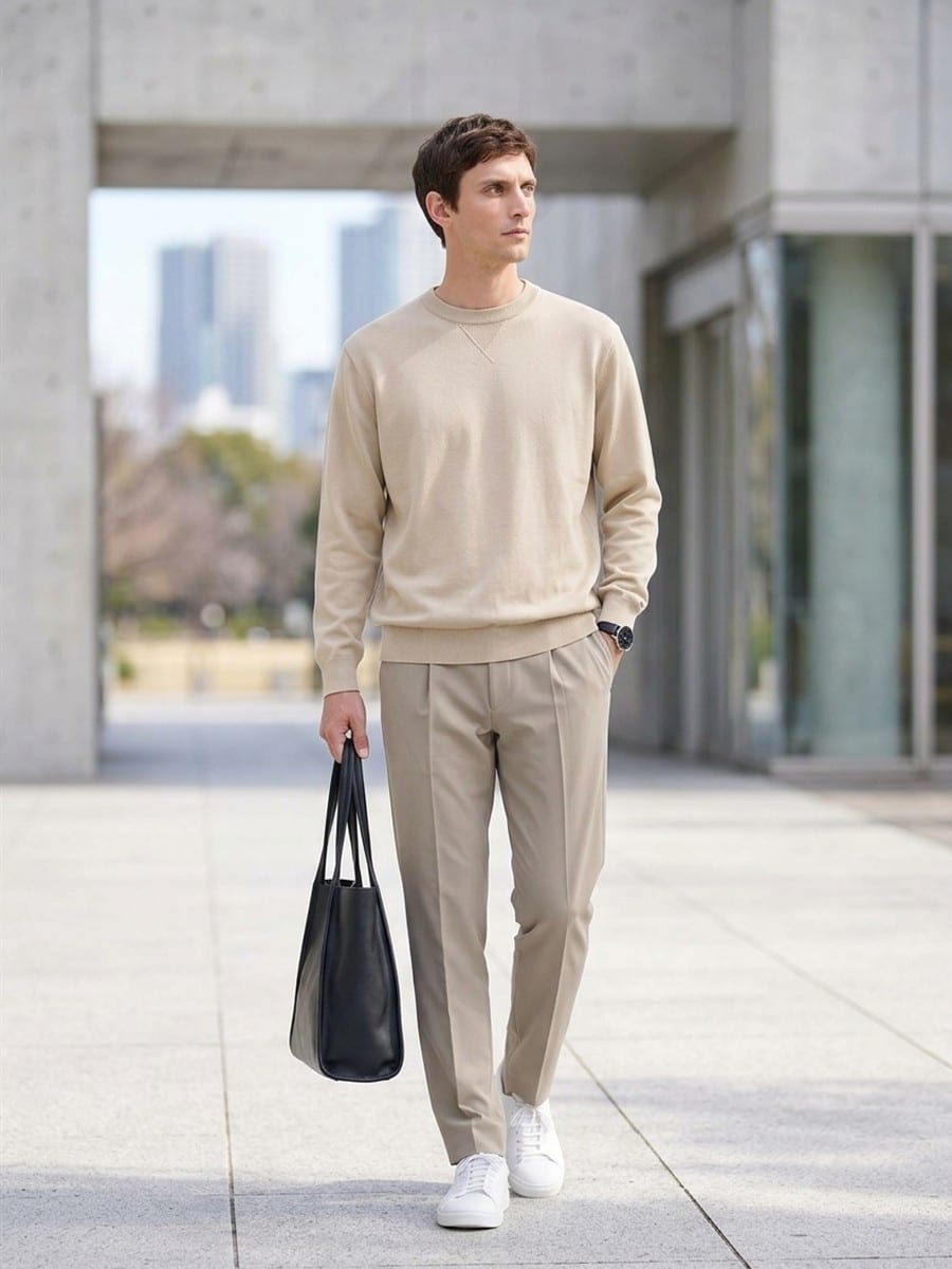 グレージュのニットに、ベージュのパンツ
