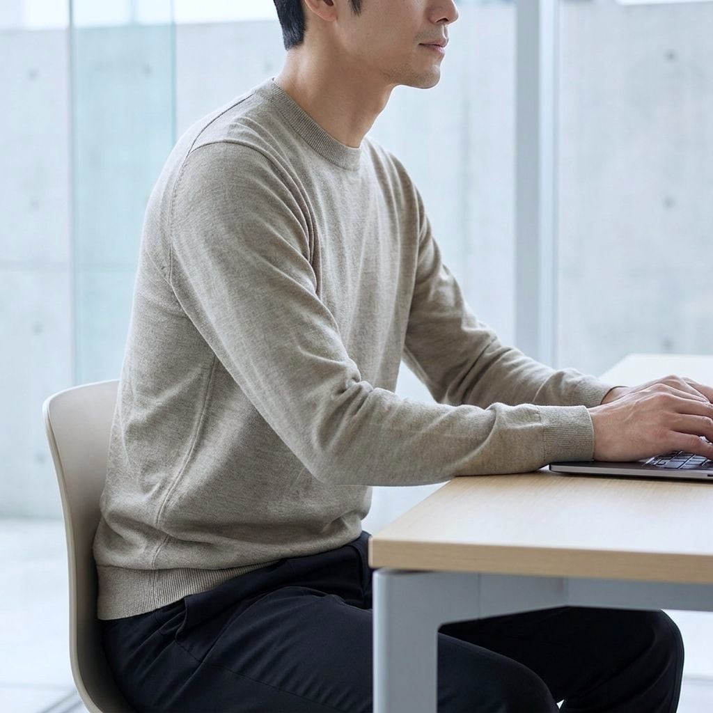 グレージュのCODEシルクニットを着てデスクでパソコンに向かう男性