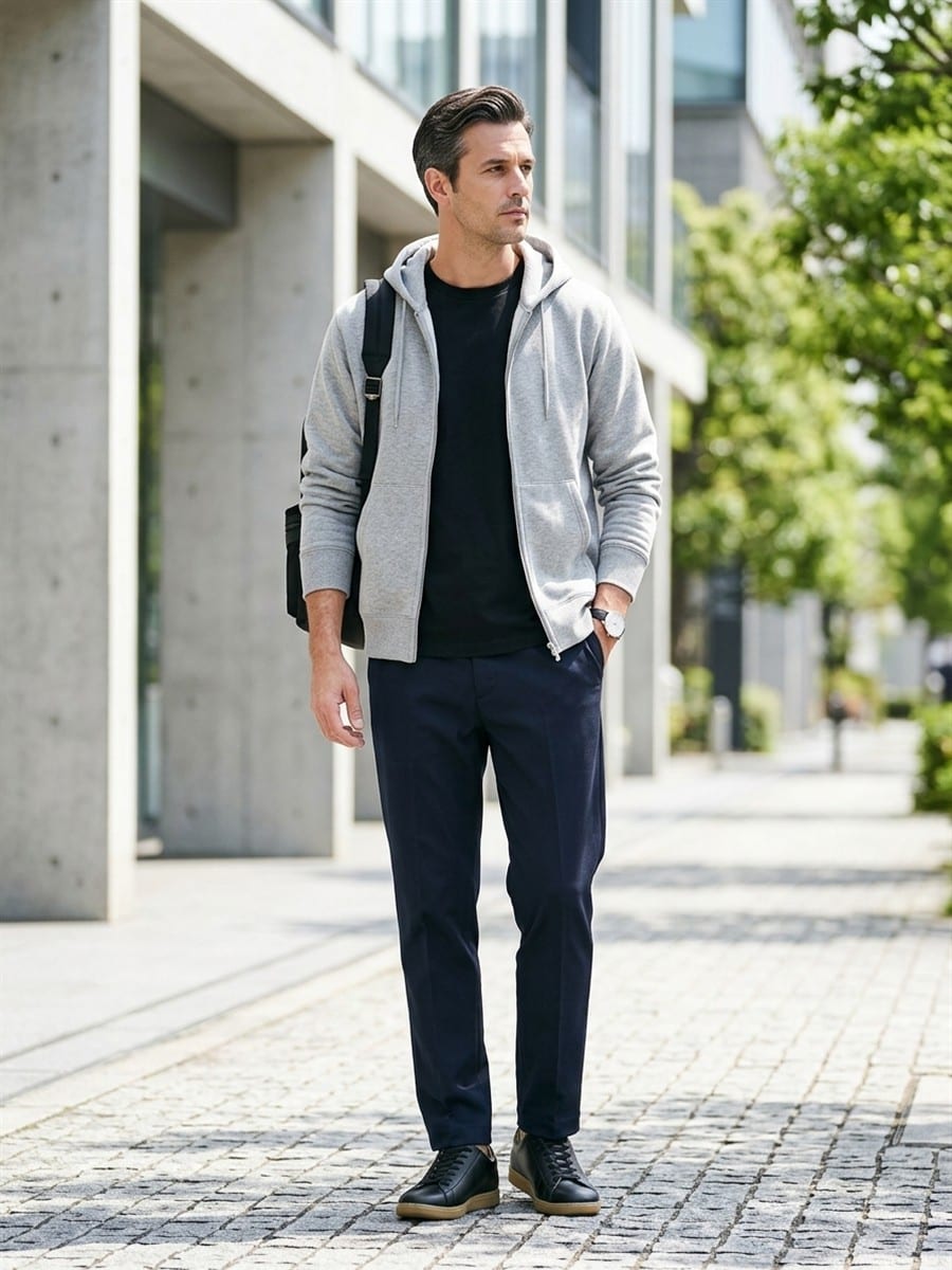 グレーのパーカーを軸に、色数を抑えて