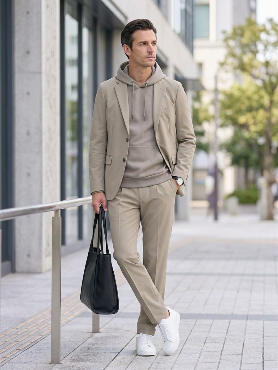 グレージュのパーカーを軸に、色数を抑えて