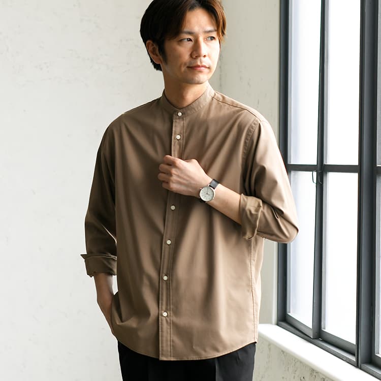 防しわストレッチ バンドカラーシャツ