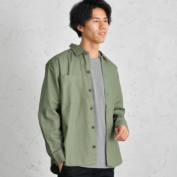 【2点セット】へリンボーン長袖シャツ&半袖 無地T