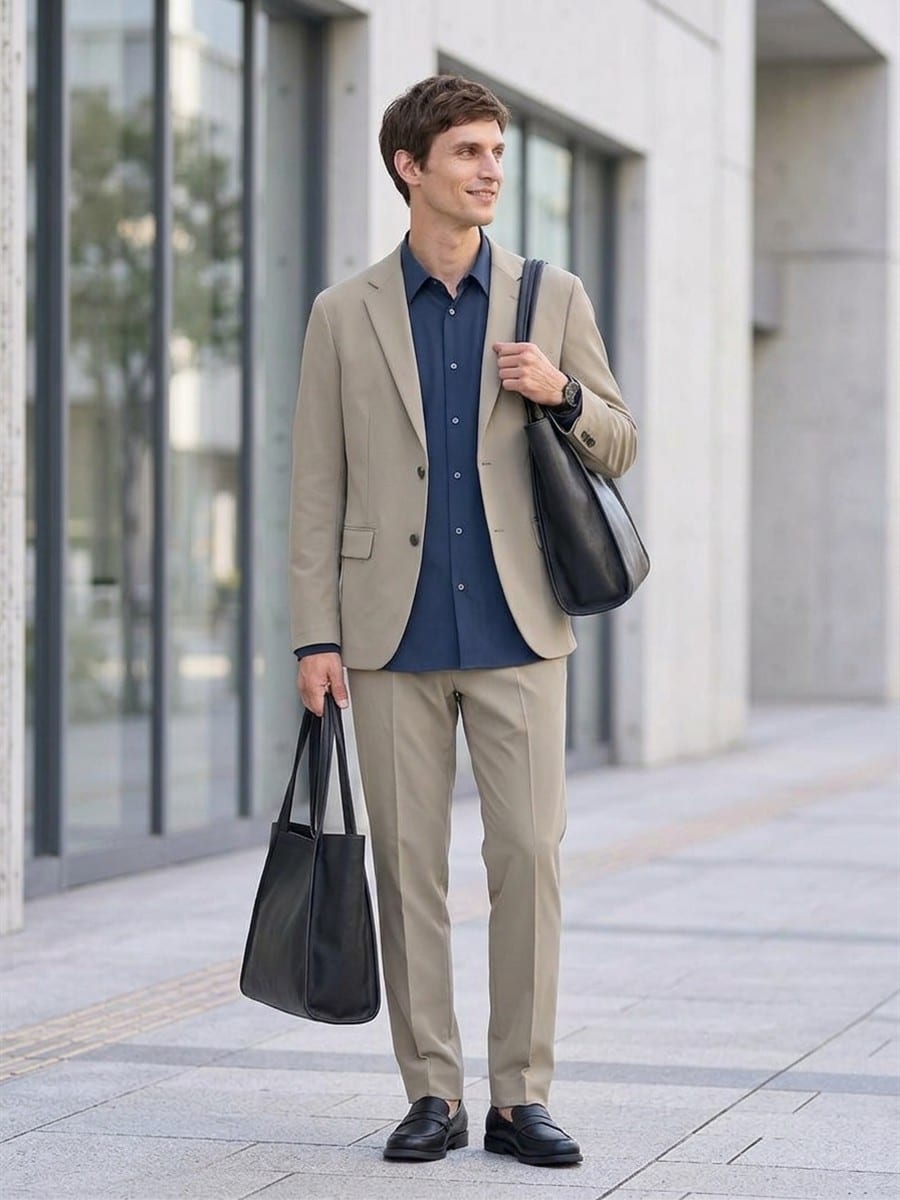 ネイビーのシャツに、ベージュのパンツ