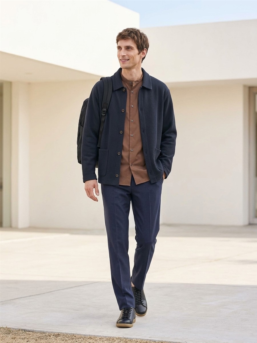 ブラウンのシャツに、ダークネイビーのカーディガン。