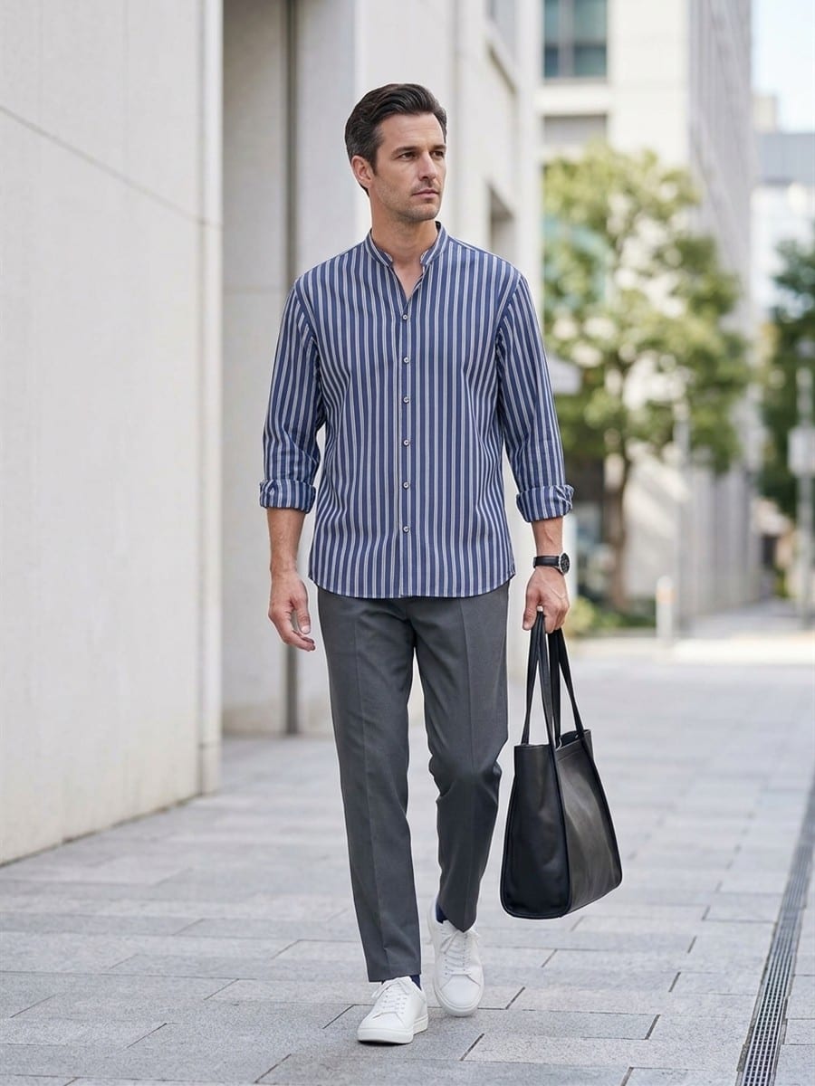 ネイビーのシャツに、グレーのパンツ