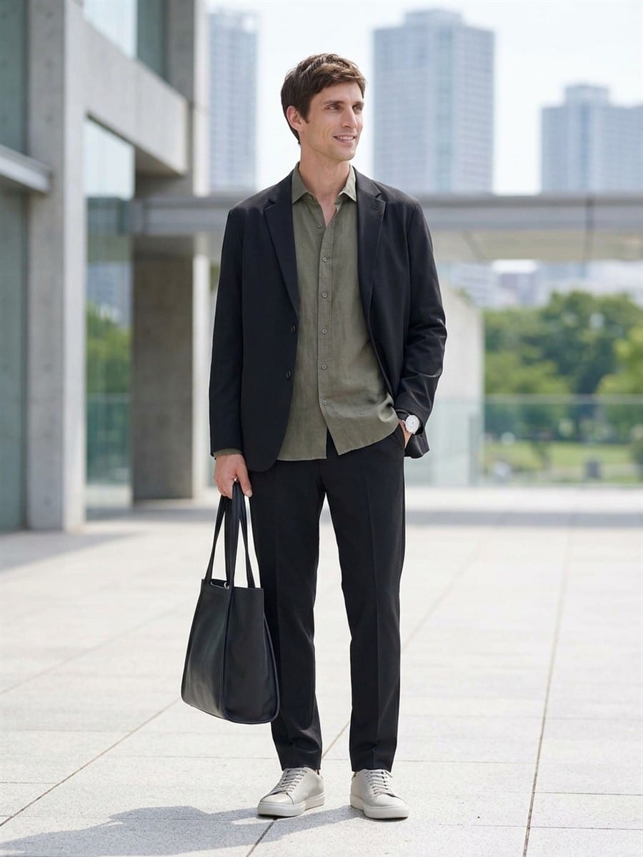 オリーブのシャツに、ブラックのパンツ
