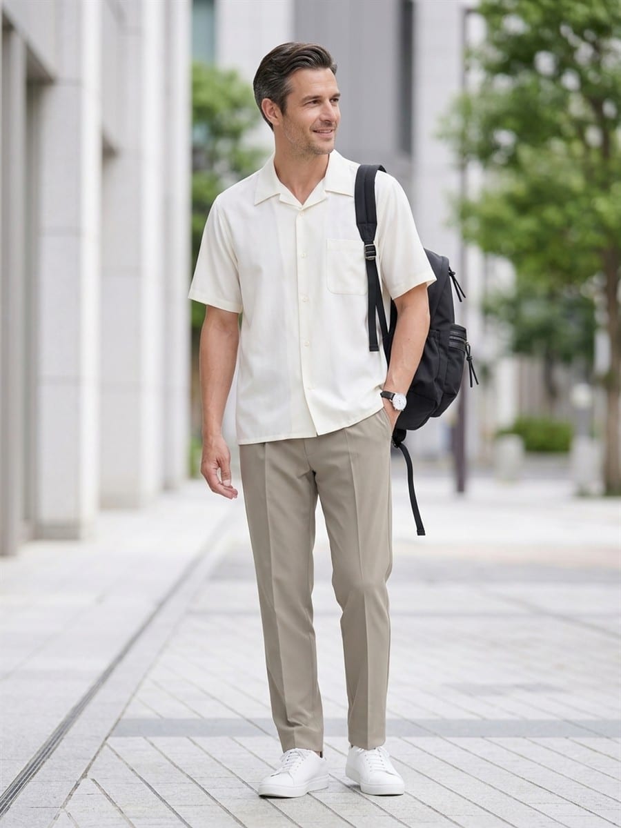 ナチュラルのシャツに、ベージュのパンツ