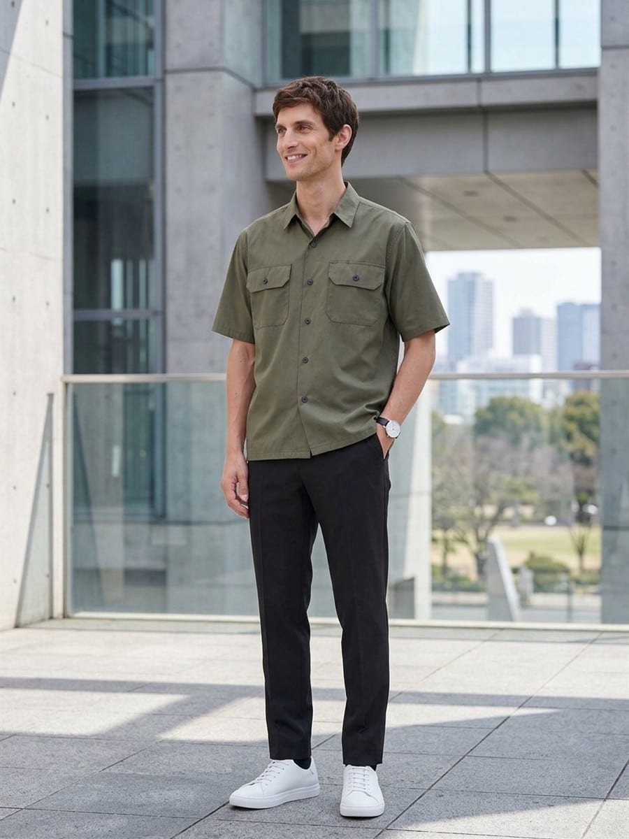 オリーブのセットアップに、ブラックのパンツ