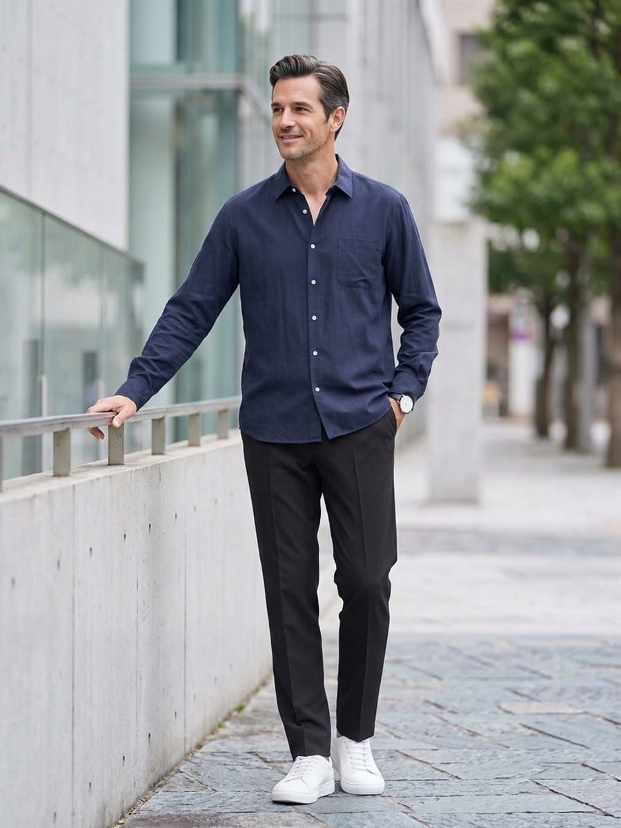 ブラックのパンツと合わせる、ネイビーのシャツ