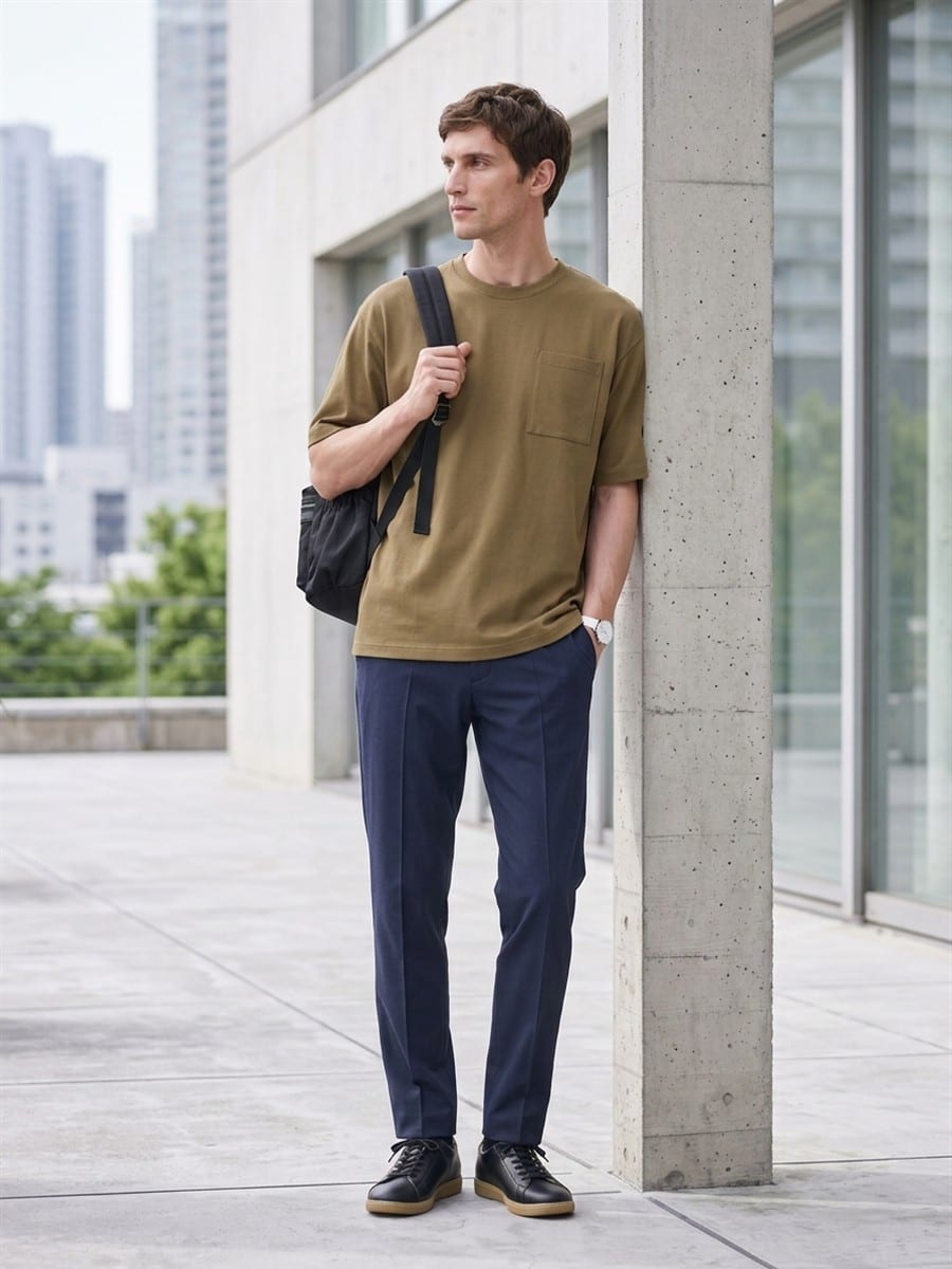 ネイビーのパンツと合わせる、アッシュカーキのTシャツ