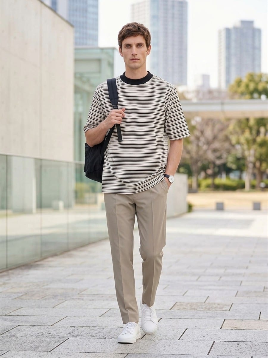ブラックのTシャツに、ベージュのパンツ