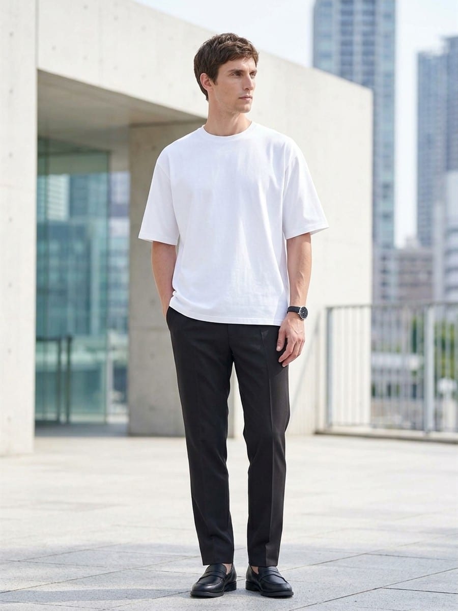 ホワイトのTシャツに、ブラックのパンツ