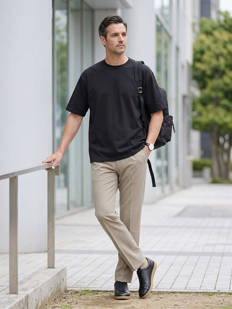 ベージュのパンツと合わせる、ブラックのTシャツ