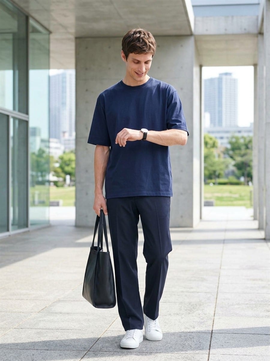 マリンネイビーのTシャツを軸に、色数を抑えて