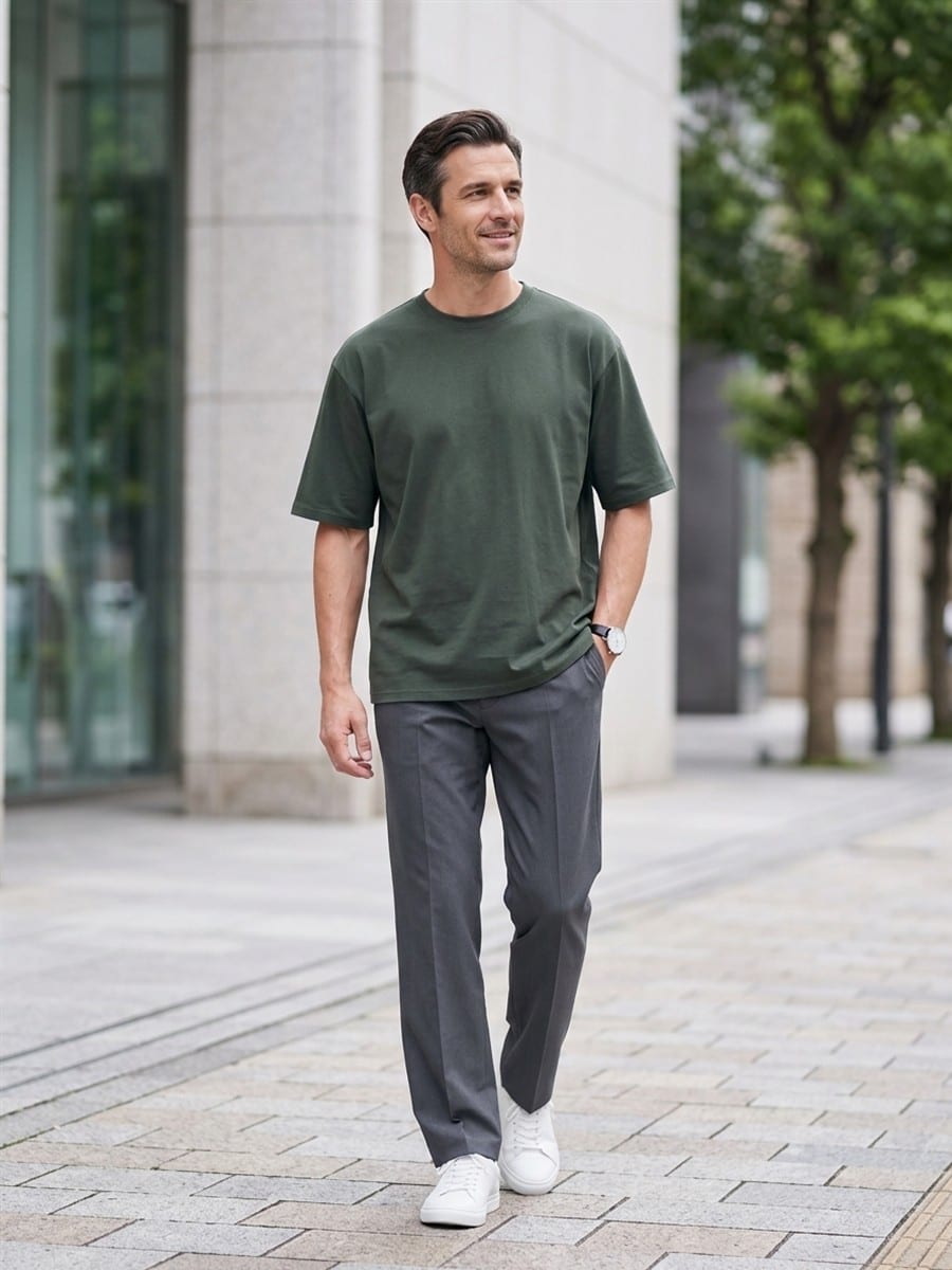 グレーのパンツと合わせる、アーミーグリーンのTシャツ