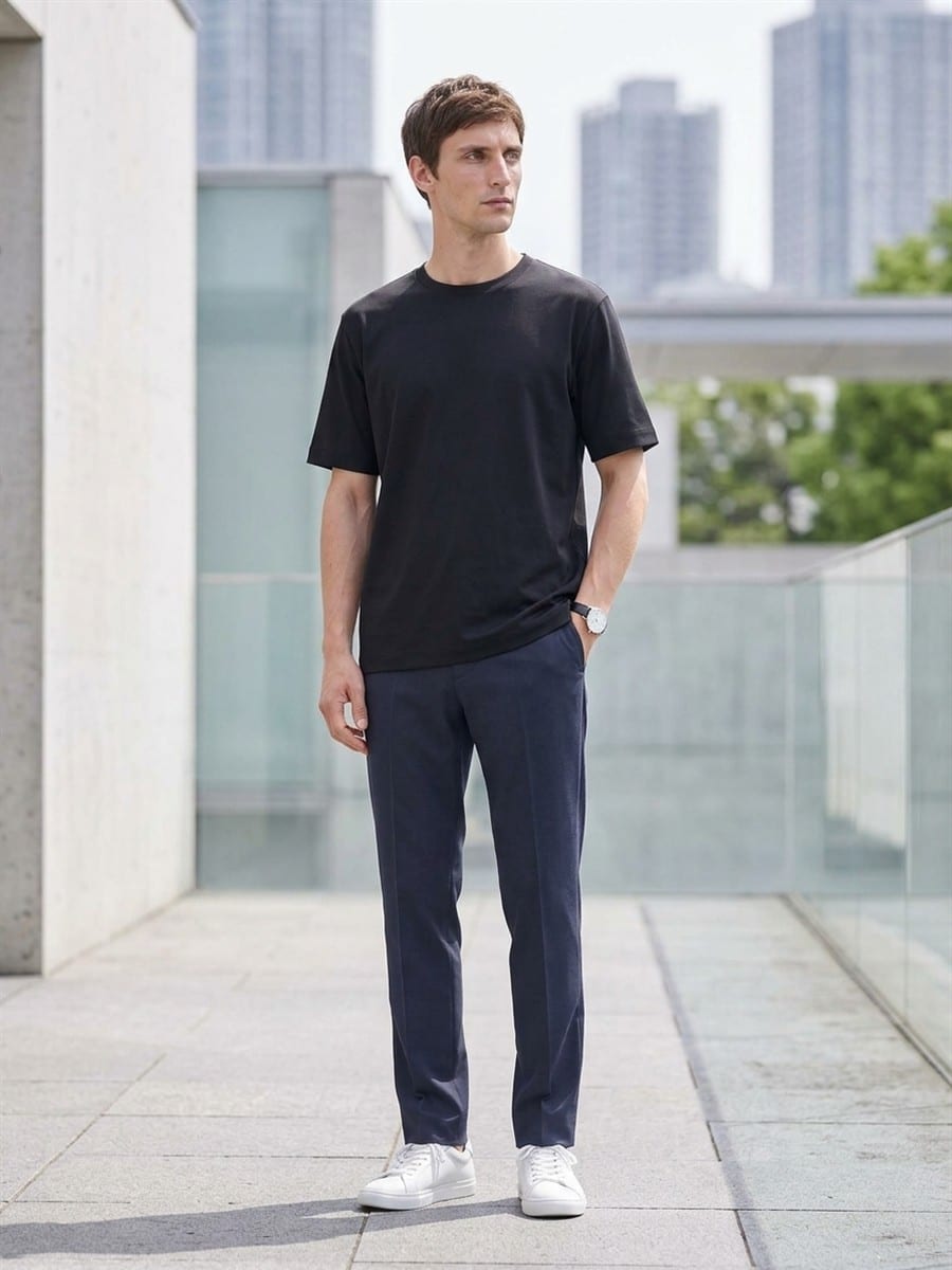 ブラックのTシャツを軸に、色数を抑えて