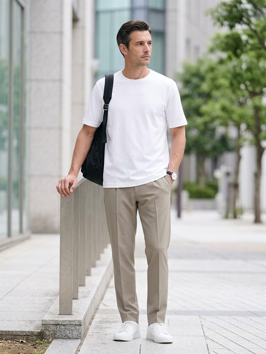 ベージュのパンツと合わせる、ホワイトのTシャツ