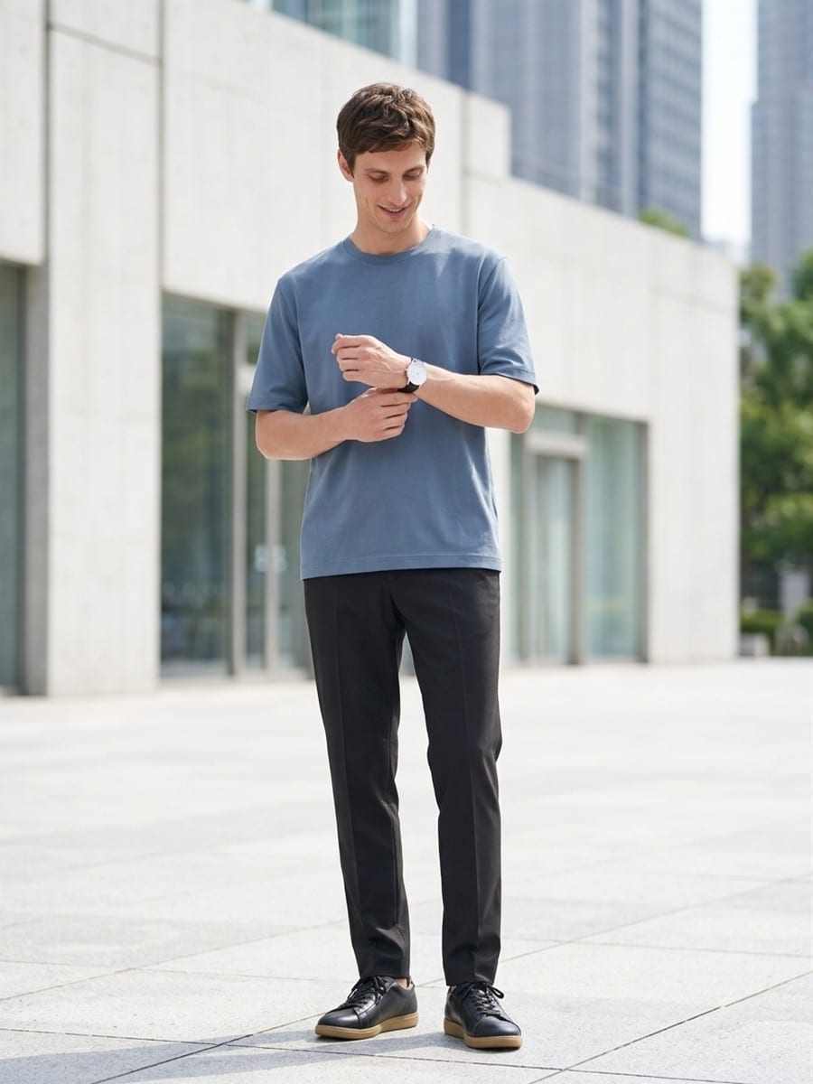 スモーキーブルーのTシャツを軸に、色数を抑えて