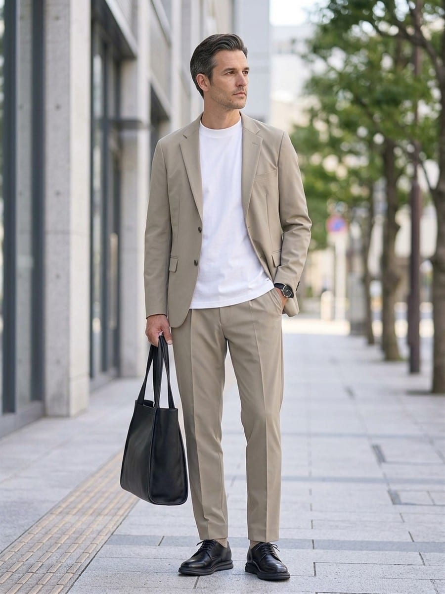 ホワイトのジャケットに、ベージュのパンツ
