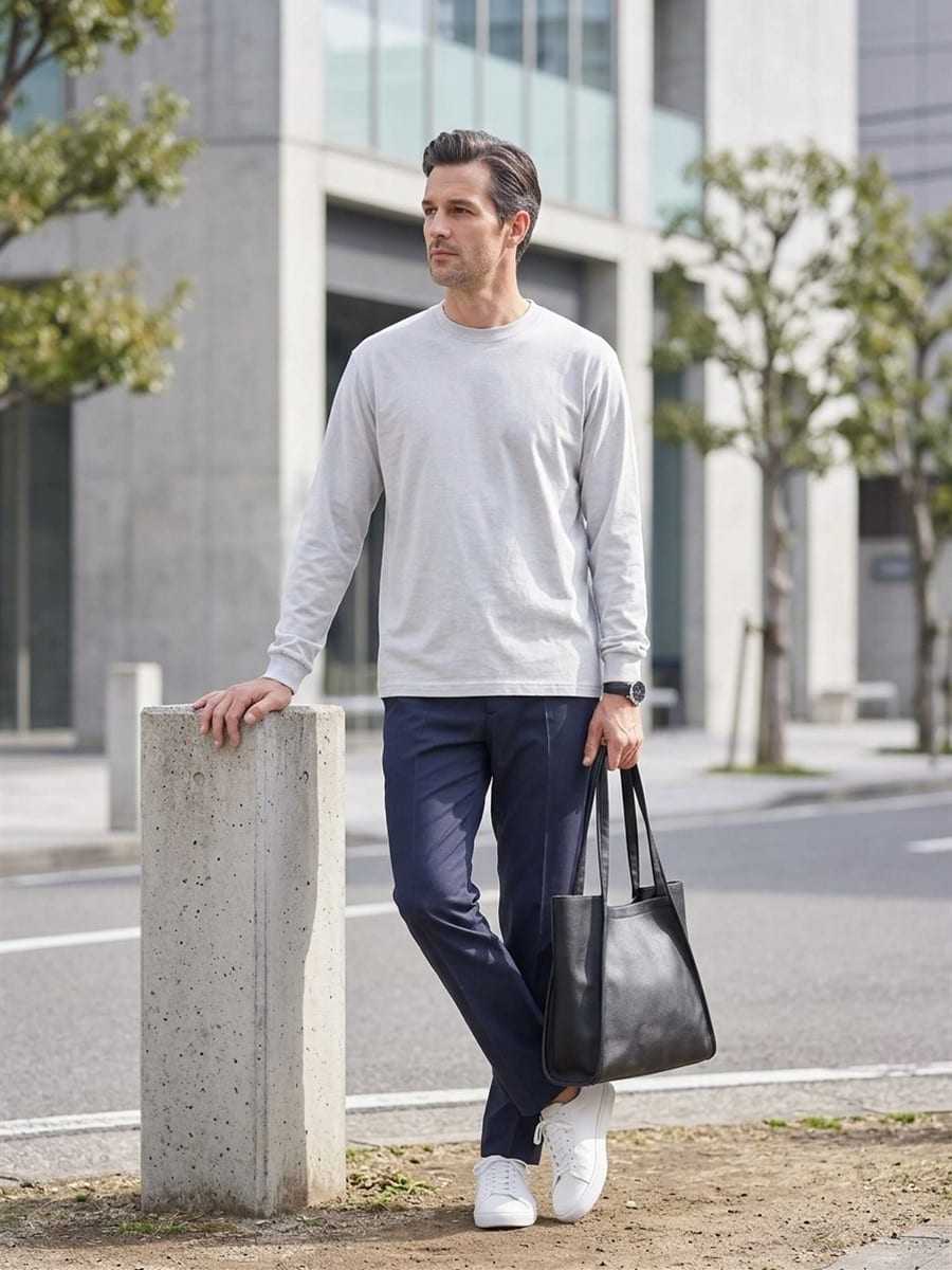 ネイビーのパンツと合わせる、アッシュのTシャツ