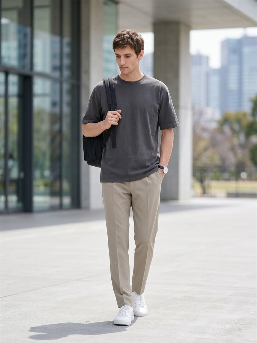 チャコールのTシャツを軸に、色数を抑えて