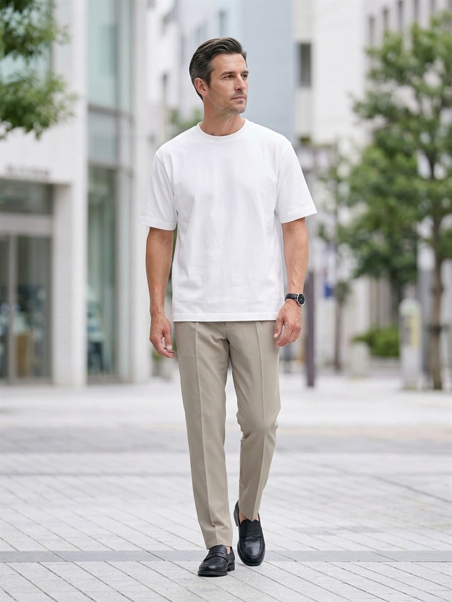 ホワイトのTシャツを軸に、色数を抑えて