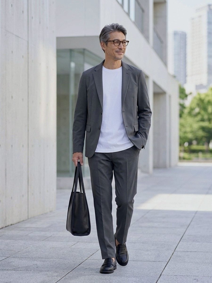 グレーのジャケットに白のCODEロングスリーブTシャツ。トートバッグを持って街を歩く男性