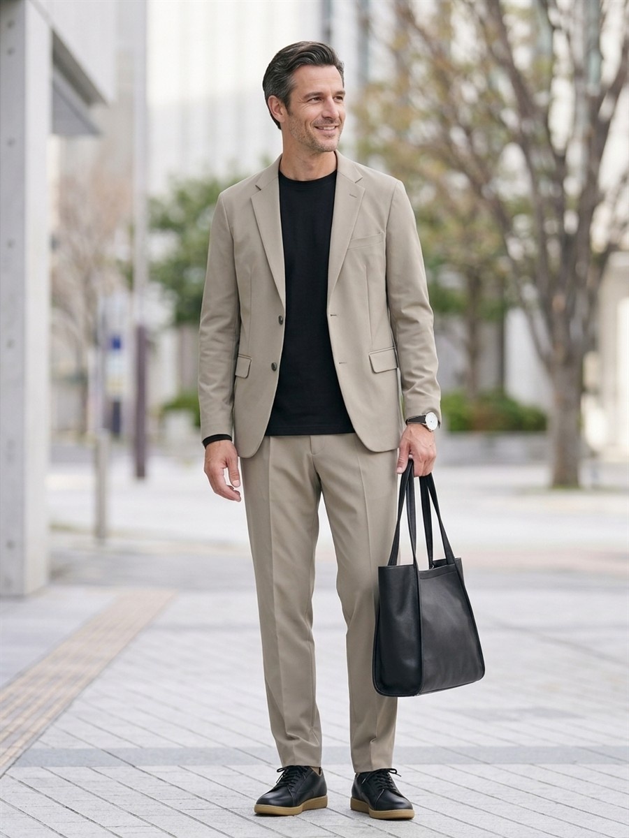 急な来客でもそのまま出られる、ベージュジャケットの仕事服。