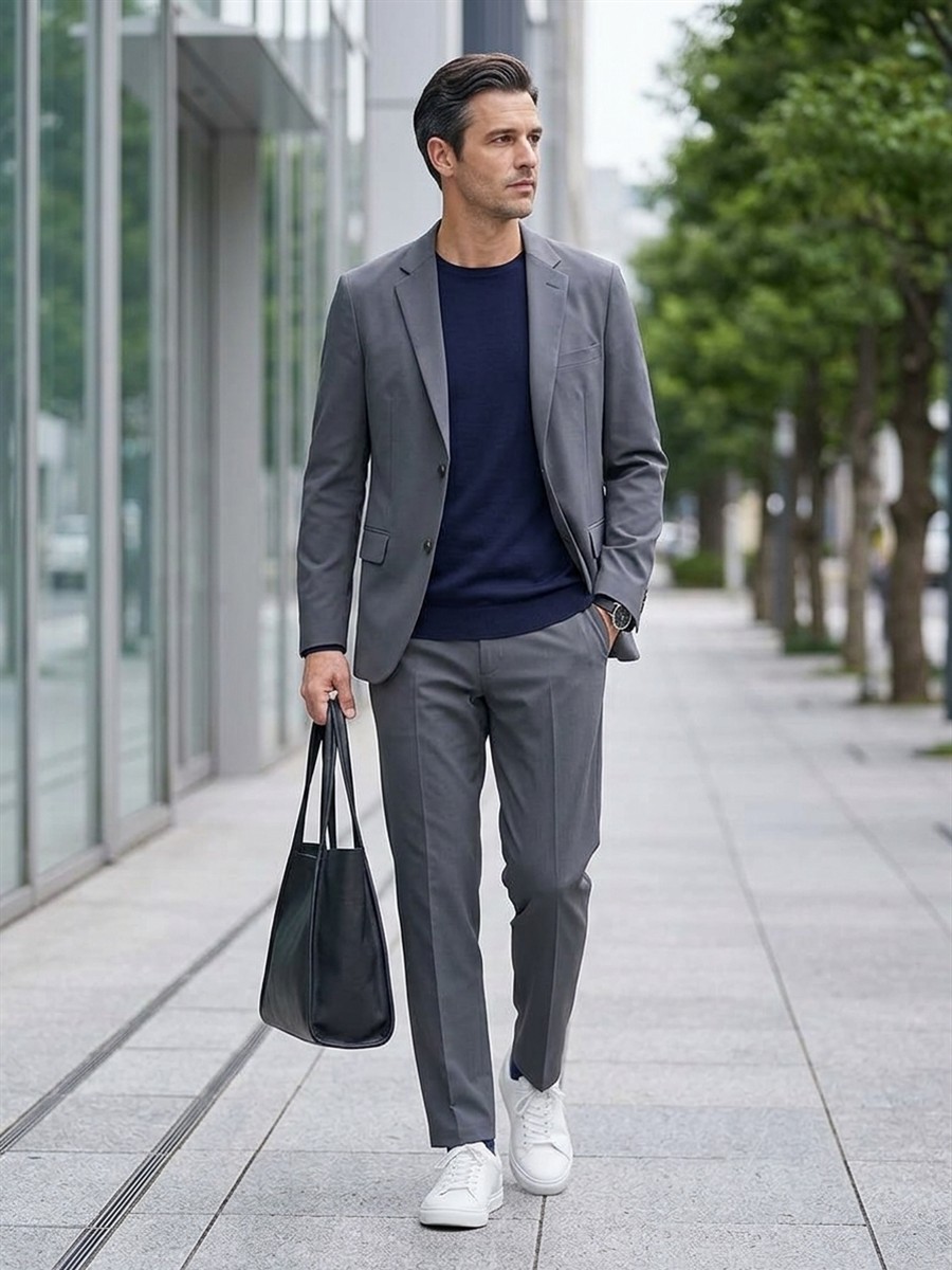 ジャケットとパンツをグレーでそろえた、休日の外出に向く服。