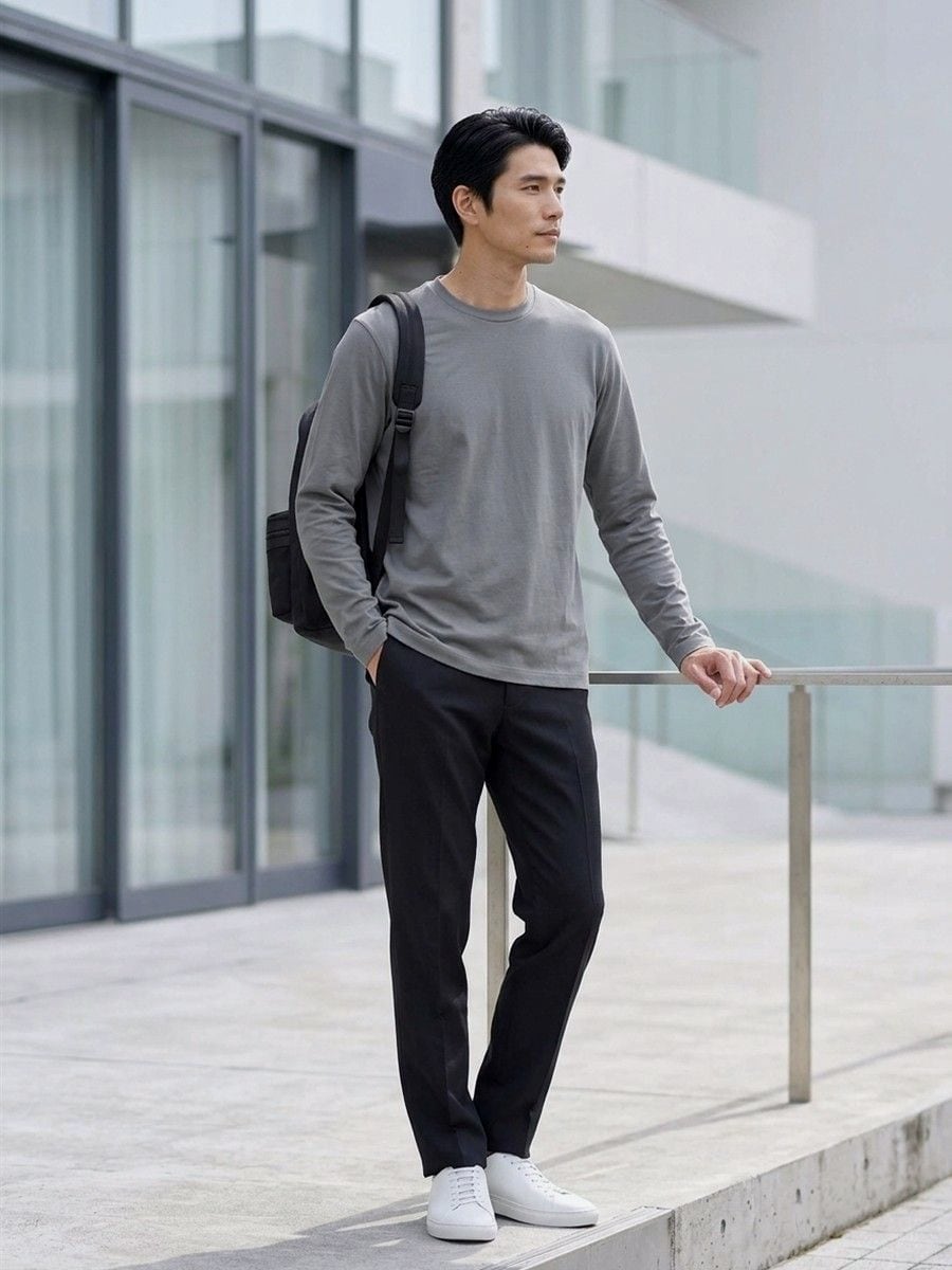 グレーのCODEロングスリーブTシャツにブラックのパンツ、リュックを背負って歩く男性