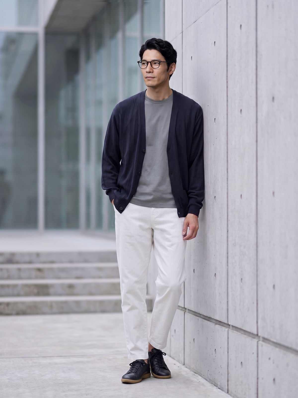 ネイビーのカーディガンにグレーのCODEロングスリーブTシャツ、白のパンツ。コンクリートの壁にもたれる男性