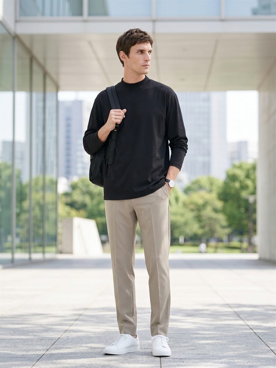 ブラックのモックネックTシャツを軸に、色数を抑えて