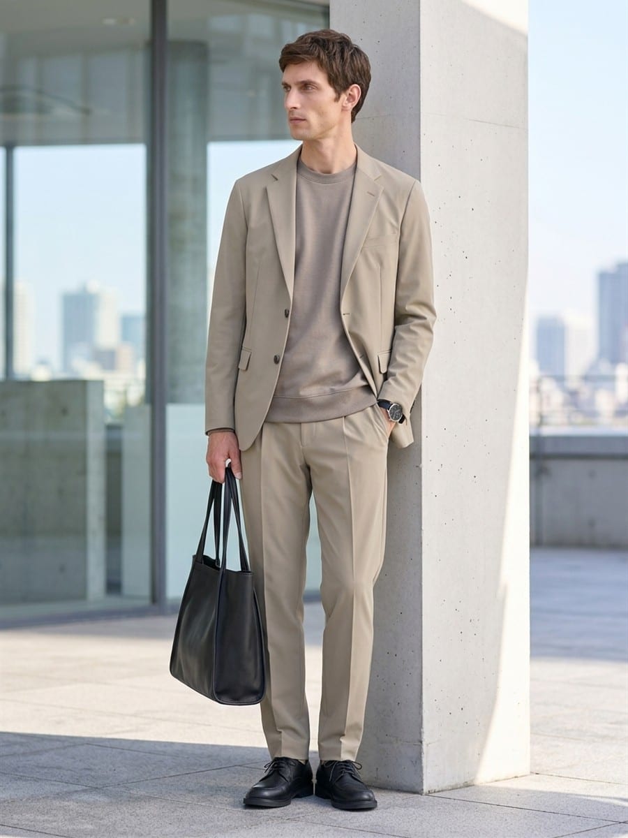 グレージュのスウェットに、ベージュのパンツ