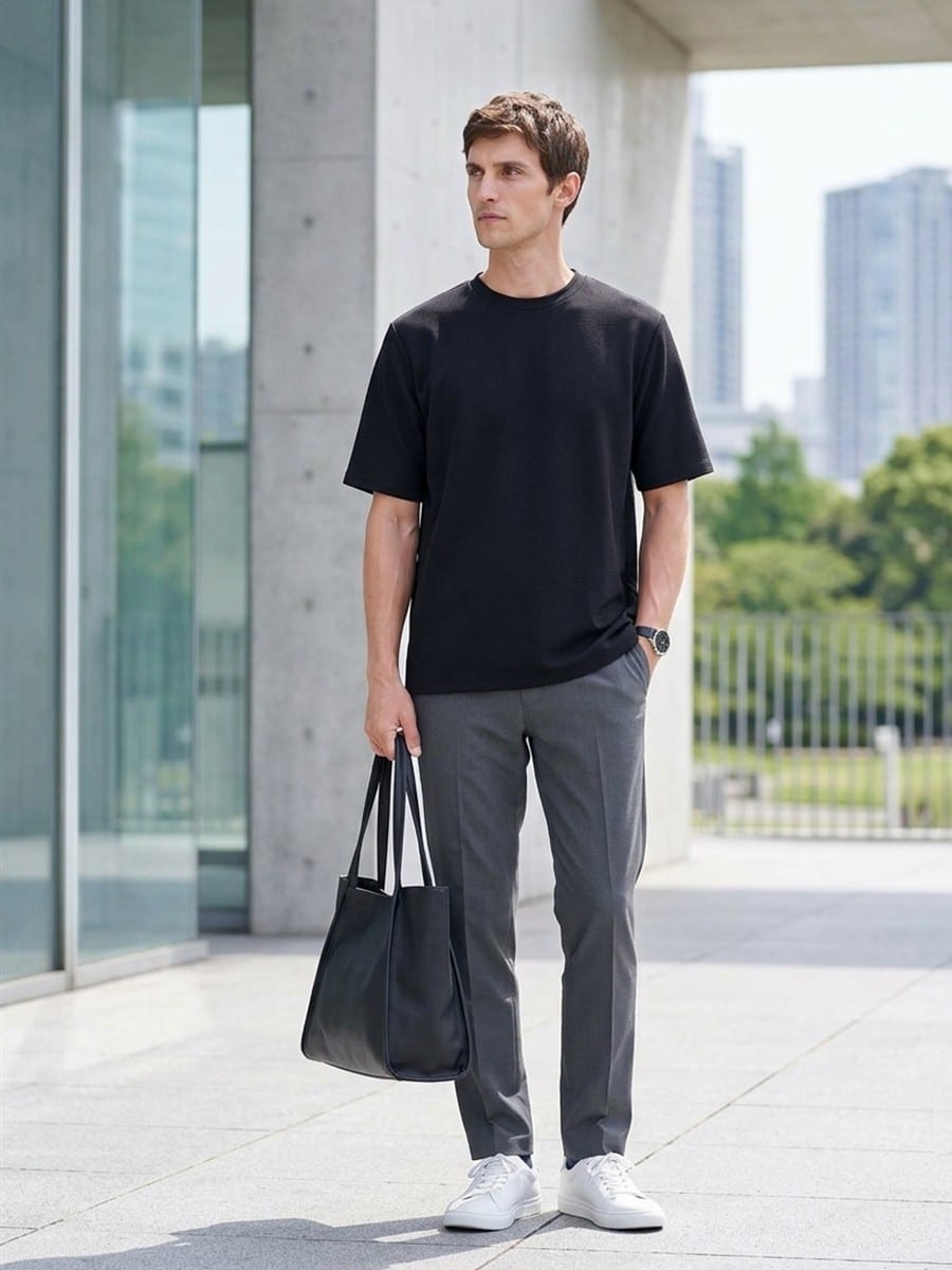ブラックのTシャツに、グレーのパンツ