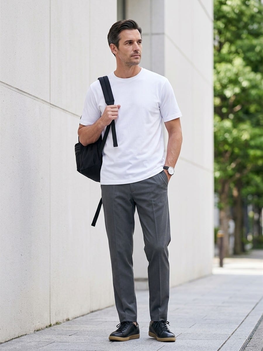 ホワイトのTシャツに、グレーのパンツ