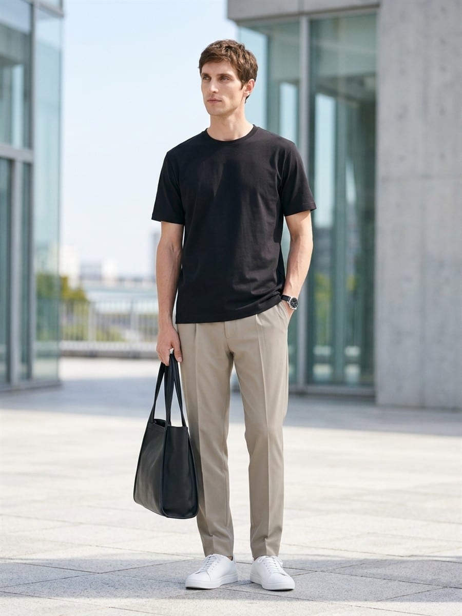 ベージュのパンツと合わせる、ブラックのTシャツ
