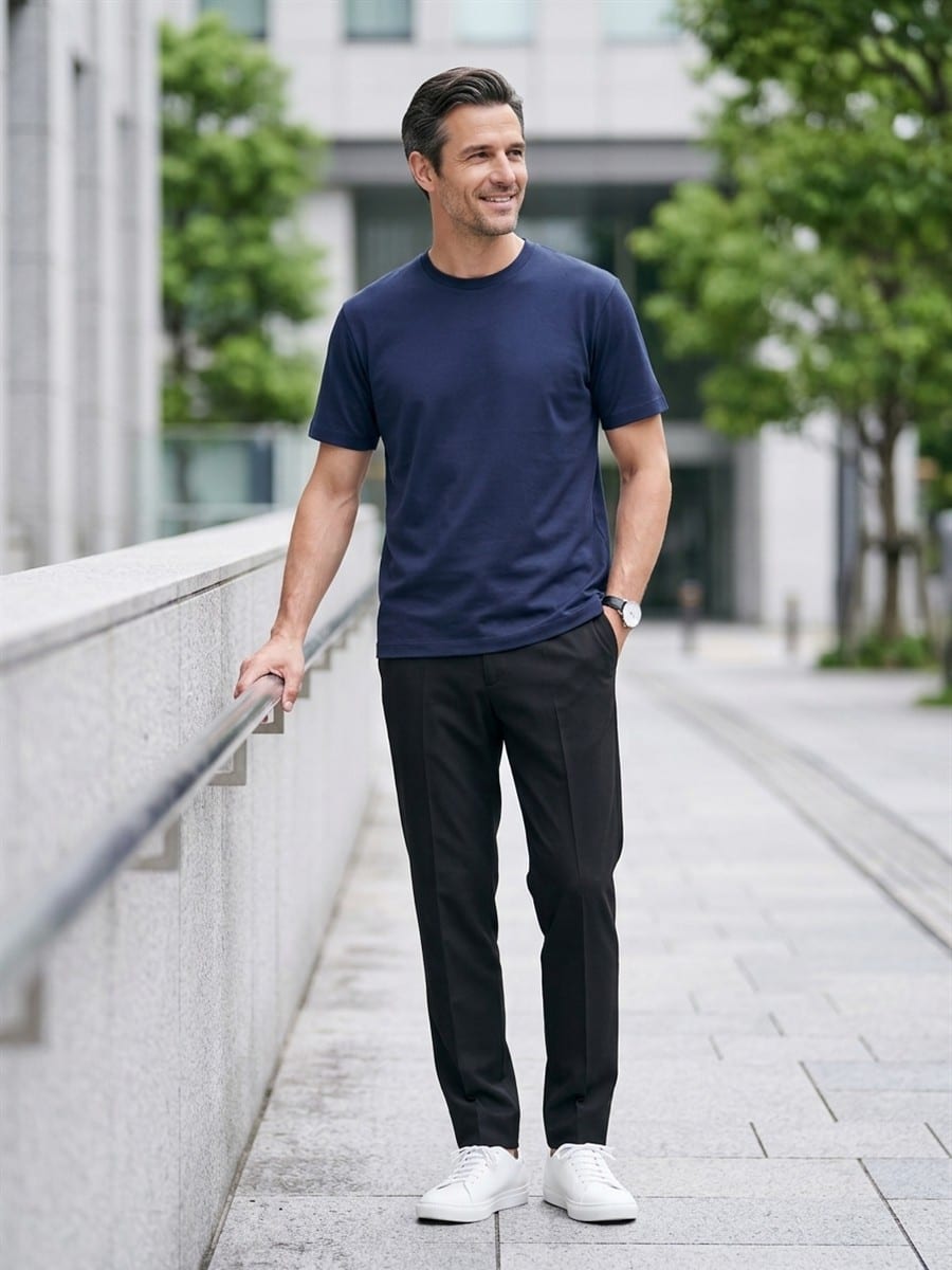 ネイビーのTシャツに、ブラックのパンツ