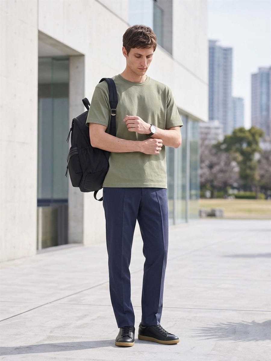 オリーブのTシャツを軸に、色数を抑えて