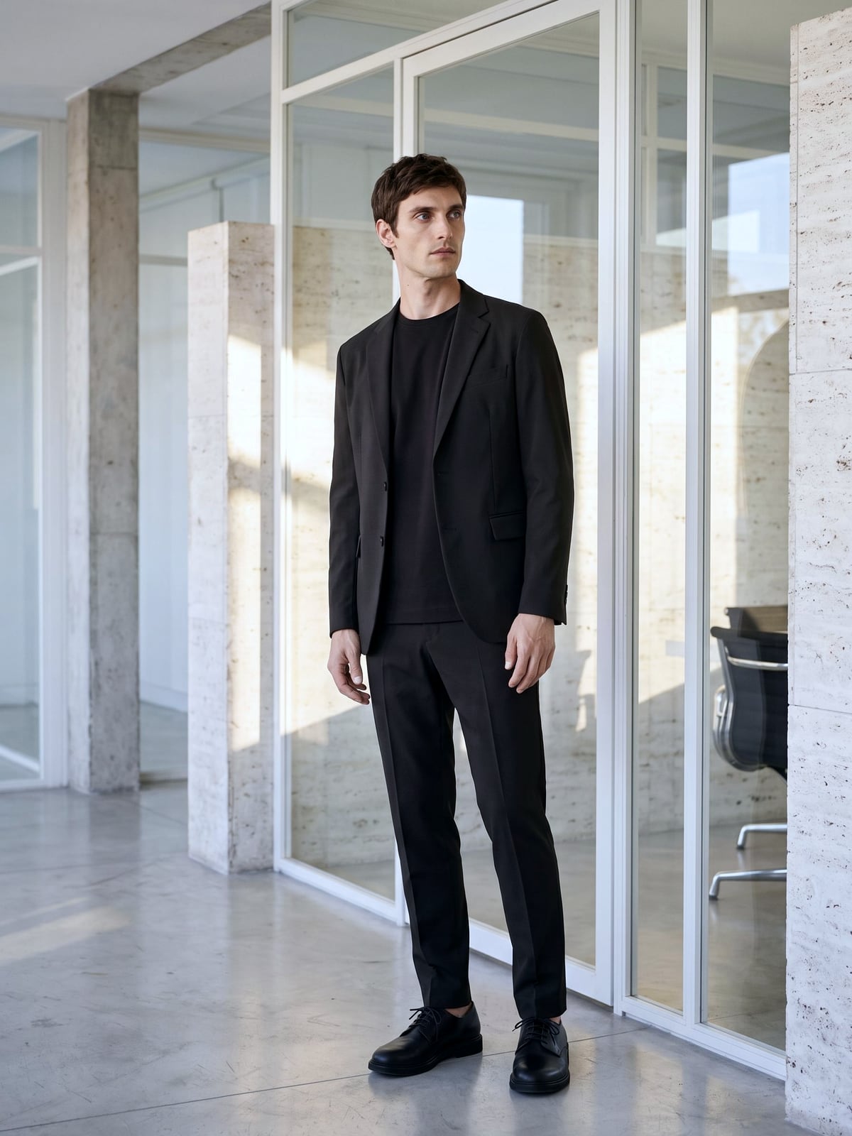黒い半袖Tシャツに、前を開けたブラックのジャケットとパンツと黒の革靴。会議室の前の廊下に立つ男性