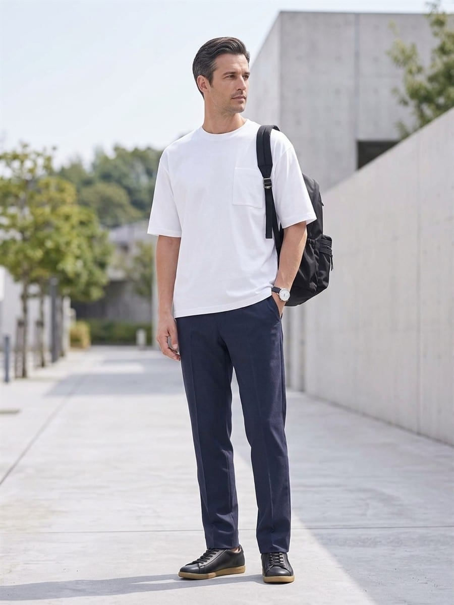 ホワイトのTシャツに、ネイビーのパンツ